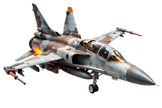Damaged Grey and Brown Jet Fighter Aircraft with Flames Emitting from Engine Isolated on White Background isolated on a transparent background