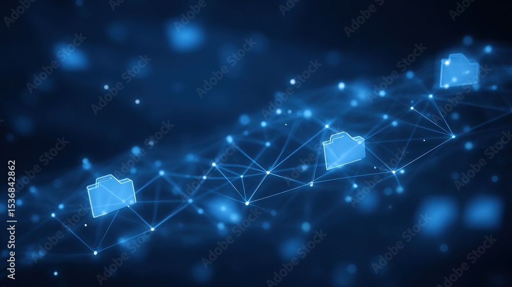 Poster abstract network grid with files and folders, futuristic software interface, digital document manage