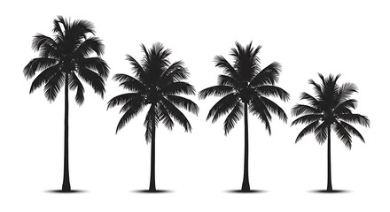 Vector illustration of four stylized black silhouette palm trees on a white background.