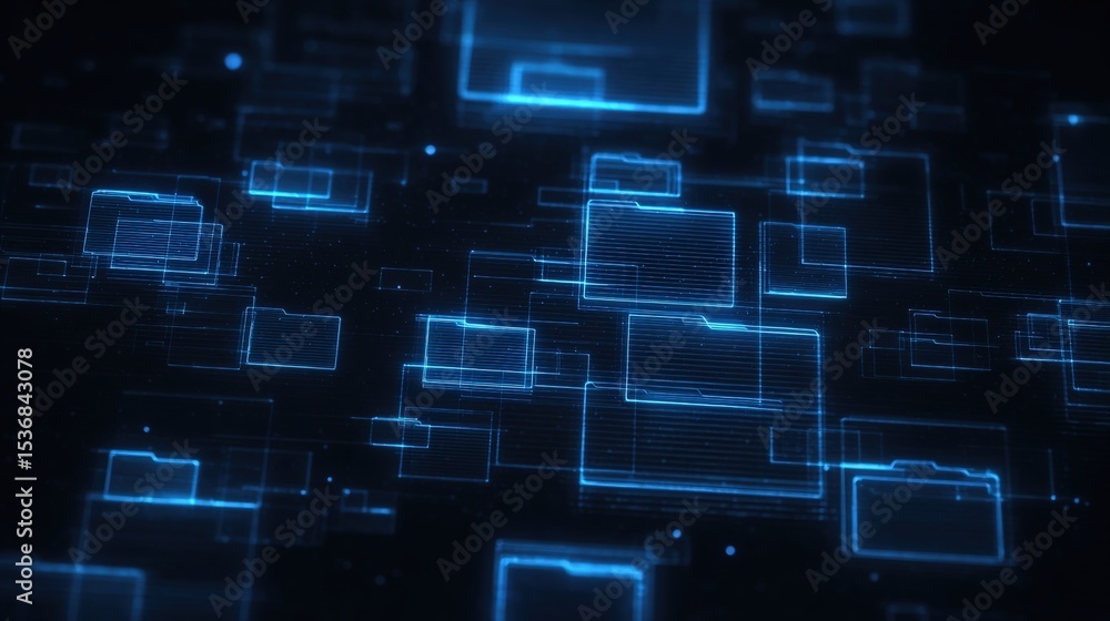 Poster abstract network grid with files and folders, futuristic software interface, digital document manage