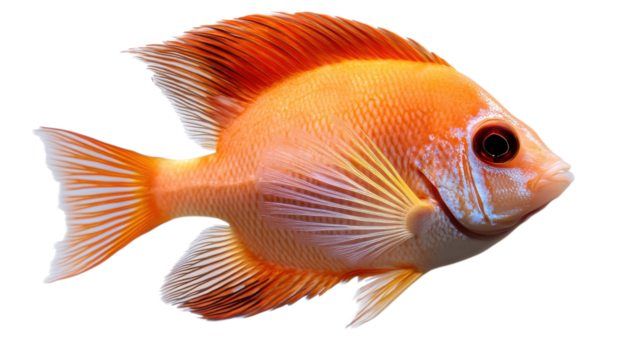 Vibrant orange fish gracefully gliding through crystal clear waters, showcasing its elegant fins and lively colors while exploring its underwater habitat.