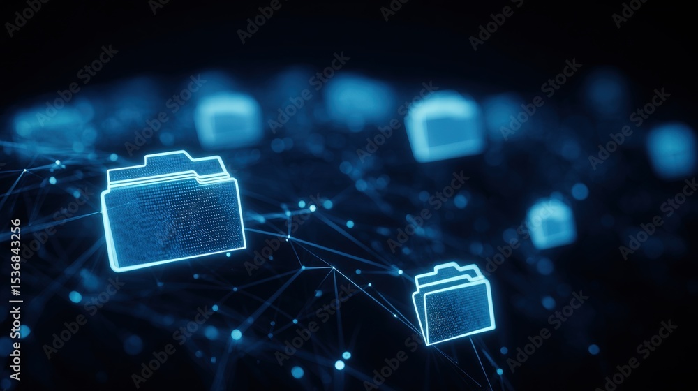 Poster abstract network grid with files and folders, futuristic software interface, digital document manage