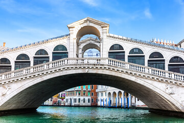 View of amazing Rialto Bridge in Venice, Italy. Close up of Rialto Bridge on the Grand Canal in Venice, Italy, Europe.