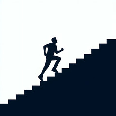 A silhouetted businessman runs up stairs towards success, a powerful concept in black vector art