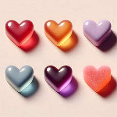 Obraz premium iridescent glossy gummy hearts , 3D , isolated, illustration set of hearts for Valentine's day,for a wedding,mother's Day.Vector illustration.