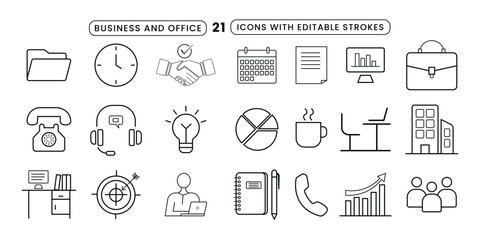 Business and Office Vector Line Icon Set. Editable Stroke Icons for Corporate, Workplace, and Productivity Concepts