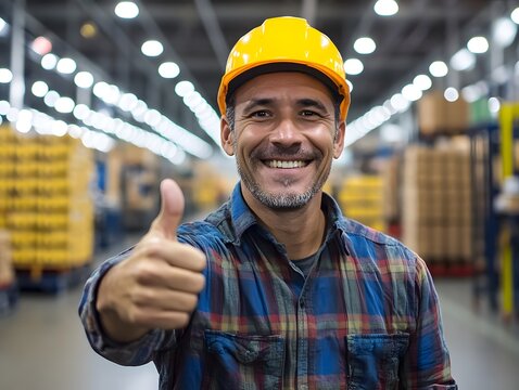 Happy Warehouse Worker Showing Thumbs Up in Factory - Powered by Adobe