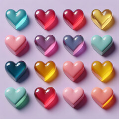 Fototapeta premium iridescent glossy gummy hearts , 3D , isolated, illustration set of hearts for Valentine ,for a wedding,mother's Day.Vector illustration.