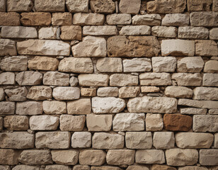 Fototapeta premium Rustic stone wall made of uneven, natural beige and tan stones arranged in a tight horizontal pattern, showcasing aged textures and earthy tones under soft lighting.