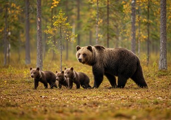 A large brown bear stands protectively with its three cubs in a vibrant autumn forest. 
