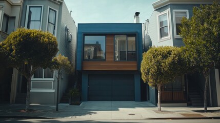 Modern home nestled between older houses on a sunny street