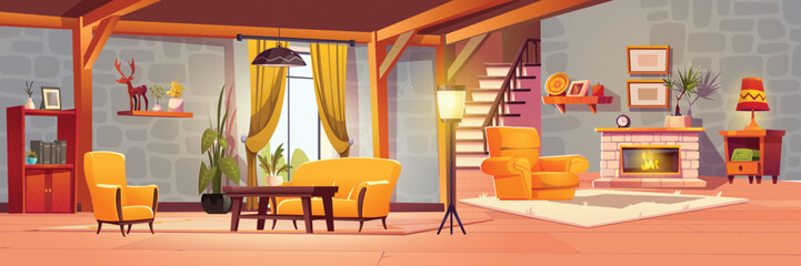 Cozy Farmhouse Living Room with Fireplace and Warm Lighting. A cheerful and inviting illustration of a cozy farmhouse living room.