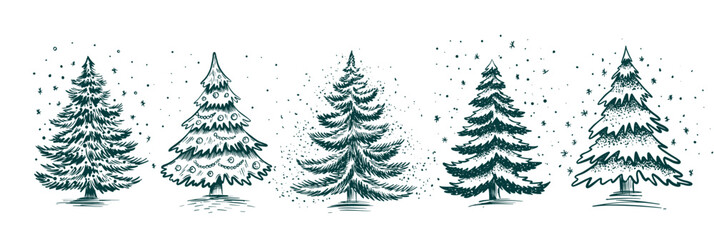 Fototapeta premium Christmas green tree with snow, hand drawn illustration on white