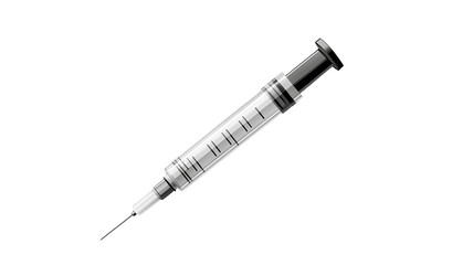 Clear syringe filled with liquid stands upright against a plain background as light reflects off its surface, showcasing the precision of medical instruments.