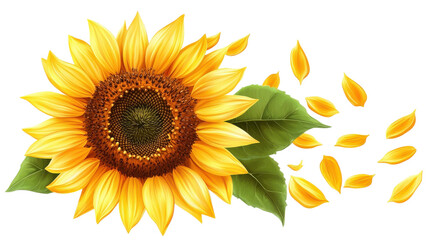 Obraz premium Sunflower, yellow petals, green leaves, floral illustration, decorative elements isolated on Transparent Background