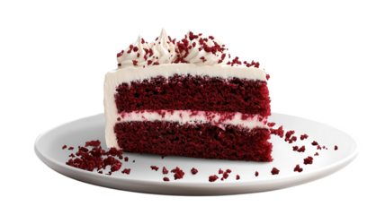 Decadent red velvet cake slice topped with cream frosting and sprinkles, displayed invitingly on a white plate, perfect for dessert celebrations and sweet cravings.