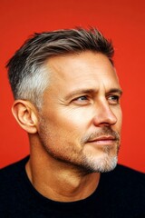 Creative of style for aging men. An elegant midlife gentleman smiling gracefully. Red solid background. Elegant men's ivy league haircut - midlife white man with hair.
