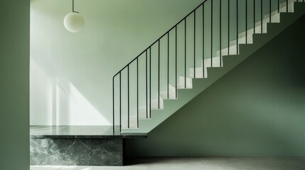 Minimalist staircase in a muted green interior