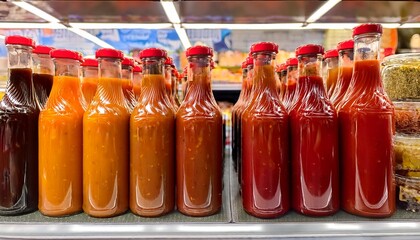 display of various heinz chili sauce bottles on supermarket shelf