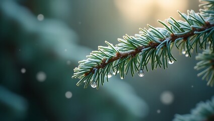 Frozen pine branch with water droplets