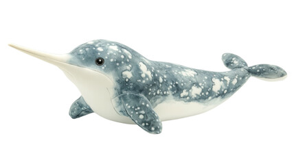 Softly colored narwhal plush toy resting on a white background, showcasing intricate patterns and textures that highlight its enchanting design qualities.