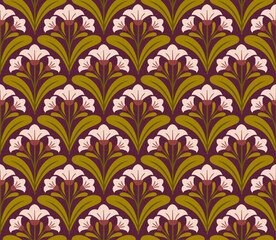 Modern cute floral art deco seamless pattern. Vector damask illustration with leaves. Decorative botanical background.
