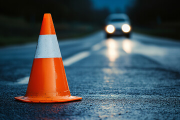 Close-up of road cone on the street. Traffic cone.