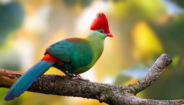 a red crested turaco or tauraco erythrolophus perched on a branch