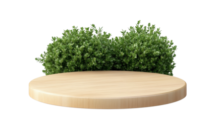 Wooden circular table with lush greenery in the background creating a serene, natural atmosphere perfect for relaxation or dining.