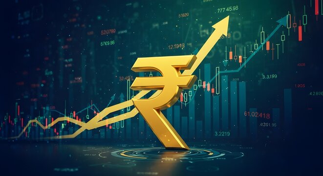 S&iacute;mbolo de la rupia india con gr&aacute;ficos de crecimiento digital flotante, gr&aacute;ficos de barras y patrones de circuito, que simbolizan el crecimiento econ&oacute;mico de la India, los avances fintech, la transfor