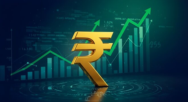 S&iacute;mbolo de la rupia india con gr&aacute;ficos de crecimiento digital flotante, gr&aacute;ficos de barras y patrones de circuito, que simbolizan el crecimiento econ&oacute;mico de la India, los avances fintech, la transfor