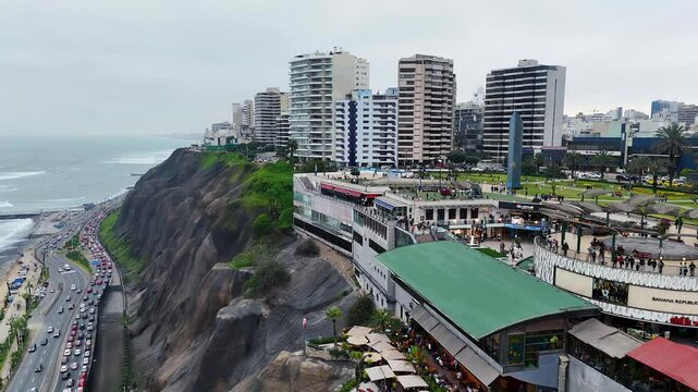 Dramatic Drone Flyover of Larcomar Shopping Center and Coastal Cliffs in Miraflores, Lima