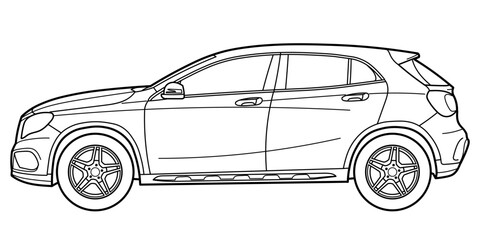 Classic compact suv car. Crossover car front view shot. Outline doodle vector illustration. Design for print, coloring book