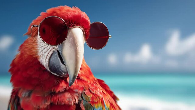 Playful parrot in red sunglasses on tropical beach scene photo for editorial or commercial use