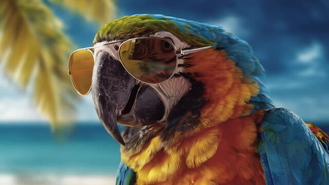 Playful parrot with sunglasses on a tropical beach background