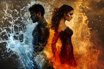Obraz premium An interesting image of a couple in love. Opposites, fire and water. Man and woman.