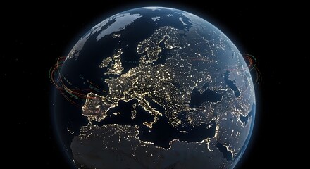 Un mapa de globo 3D que destaca Europa con c?digo binario que fluye y l?neas que conectan puntos digitales, simbolizando la econom?a digital global y la criptomoneda.
