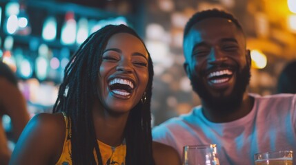 Couple laughing together at a bar with drinks