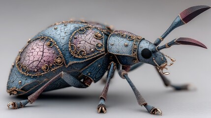 Intricate mechanical beetle with detailed textures and colors displayed artistically in a studio setting
