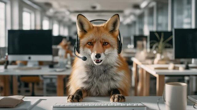 Fuchs mit Headset am Schreibtisch im Callcenter. K&uuml;nstliche Intelligenz KI