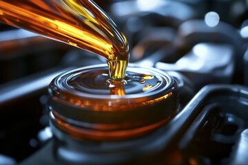 Motor oil pouring into engine automotive workshop closeup image industrial environment high-detail perspective maintenance concept for optimal performance
