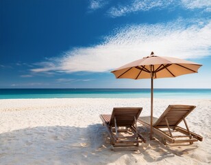 beach chairs with umbrella and sand beach in summer