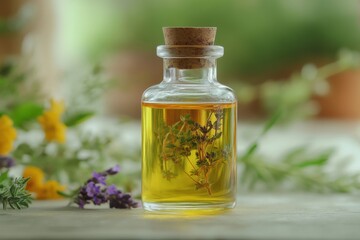 Essential oil bottle with herbal infusion natural setting close-up photography serenity elegant design gigapixel quality
