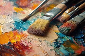 Fototapeta premium Dynamic oil painting in progress with palette and brushes artist's studio art creation colorful environment close-up view creative process