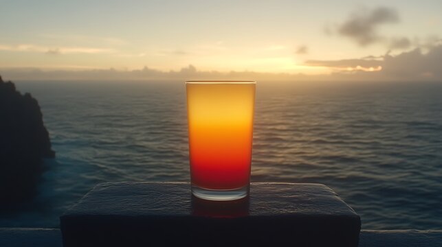 Tropical elixir reflecting ocean sunset's hues, a serene coastal view