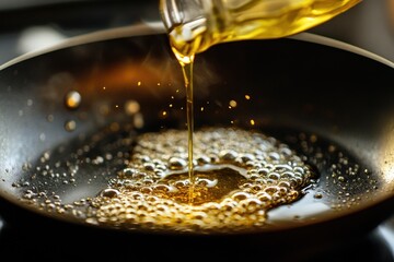 Pouring oil into a hot frying pan with sizzling sounds kitchen cooking process home environment close-up view culinary techniques for perfect dishes