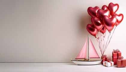 sailboat with heart shaped balloons and gifts on a light background banner with copy space