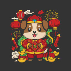 Adorable Cartoon Dog in Traditional Chinese New Year Outfit with Lanterns, Firecrackers, and Auspicious Symbols Festive Lunar New Year Celebration Vector Art Design 