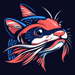 Colorful artistic depiction of a cat-fish hybrid creature on a dark background showcasing intricate details