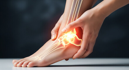 A person holds their painful ankle, with an X-ray overlay highlighting the joint, suggesting plantar fasciitis, ankle pain, or other foot and ankle conditions